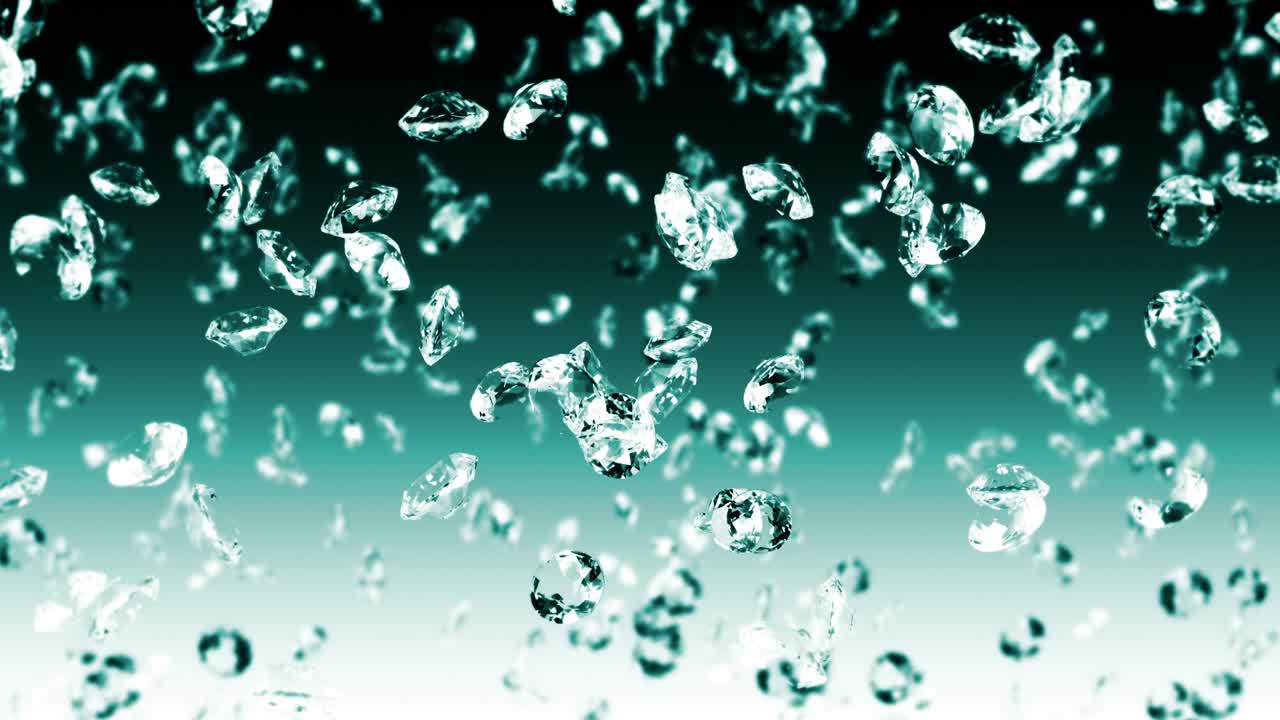 에메랄드 녹색 바탕에 많은 보석 다이아몬드를 날아. 투명하고 귀중한 보석을 빛니다. 화려한 다이애몬드 회전의 3d 애니메이션. 루프 애니메이션.