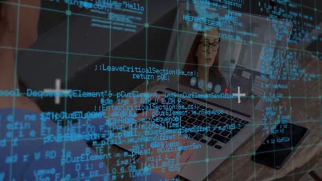 Animation of data processing over caucasian businesswoman having laptop video call with colleague