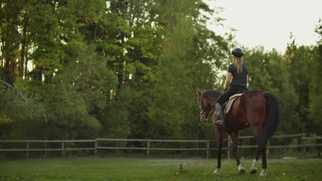 las mujeres están montando a caballo en el club de caballos al lado del bosque hermoso