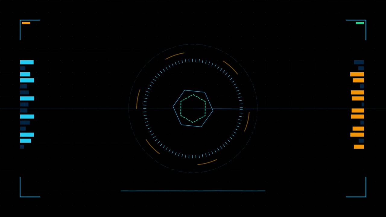 Futuristic Digital HUD Interface with Rotating Hexagon and Data Graphs