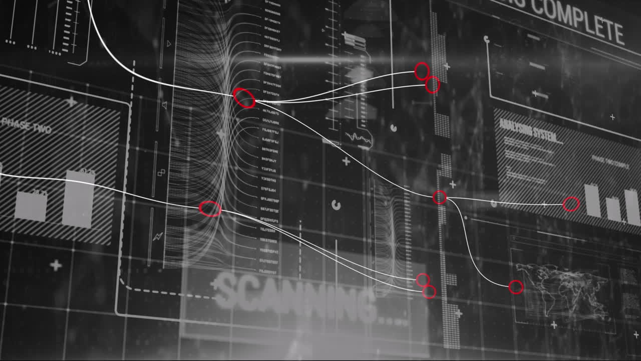 검은 디지털 화면에서 데이터 처리를 통해 연결의 애니메이션