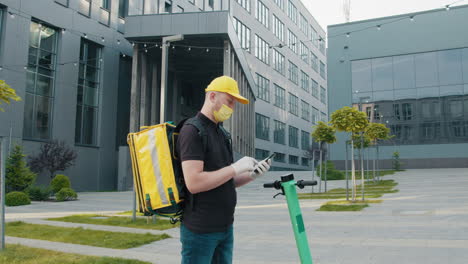 food delivery worker using an electric scooter in a modern city