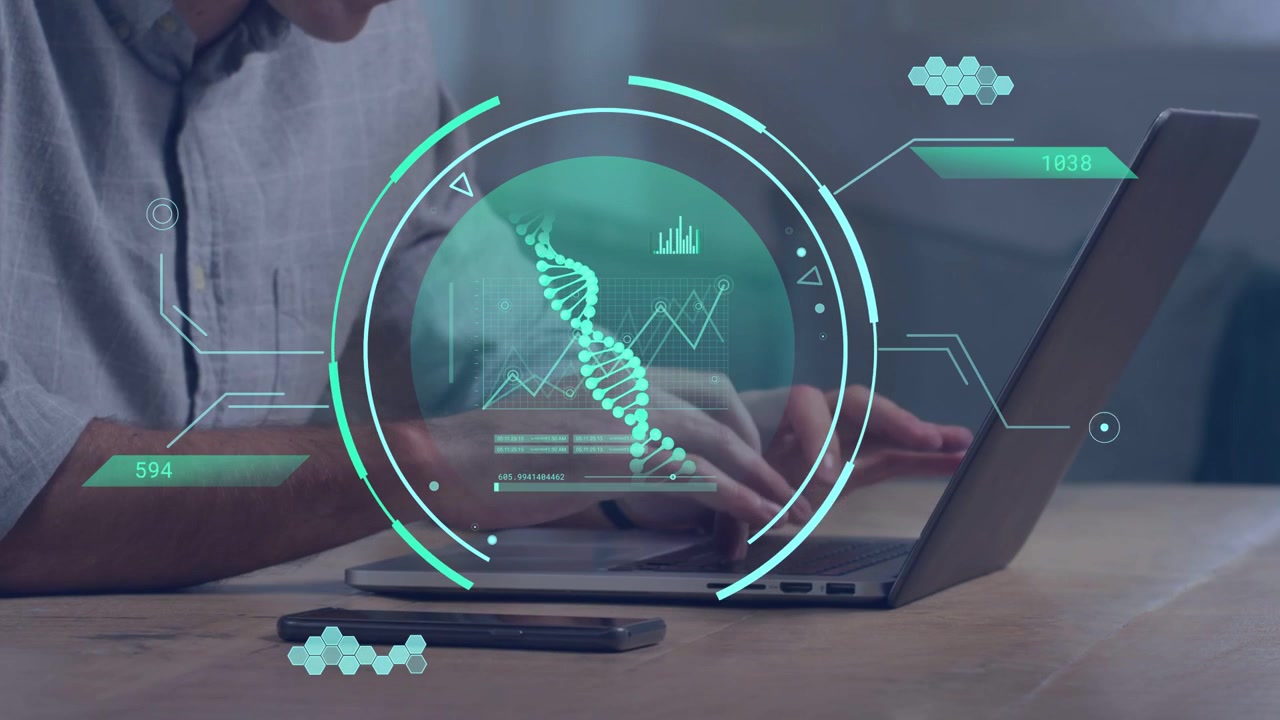 Man tapping smartphone then typing on laptop at desk, holographic DNA helix guiding data analysis