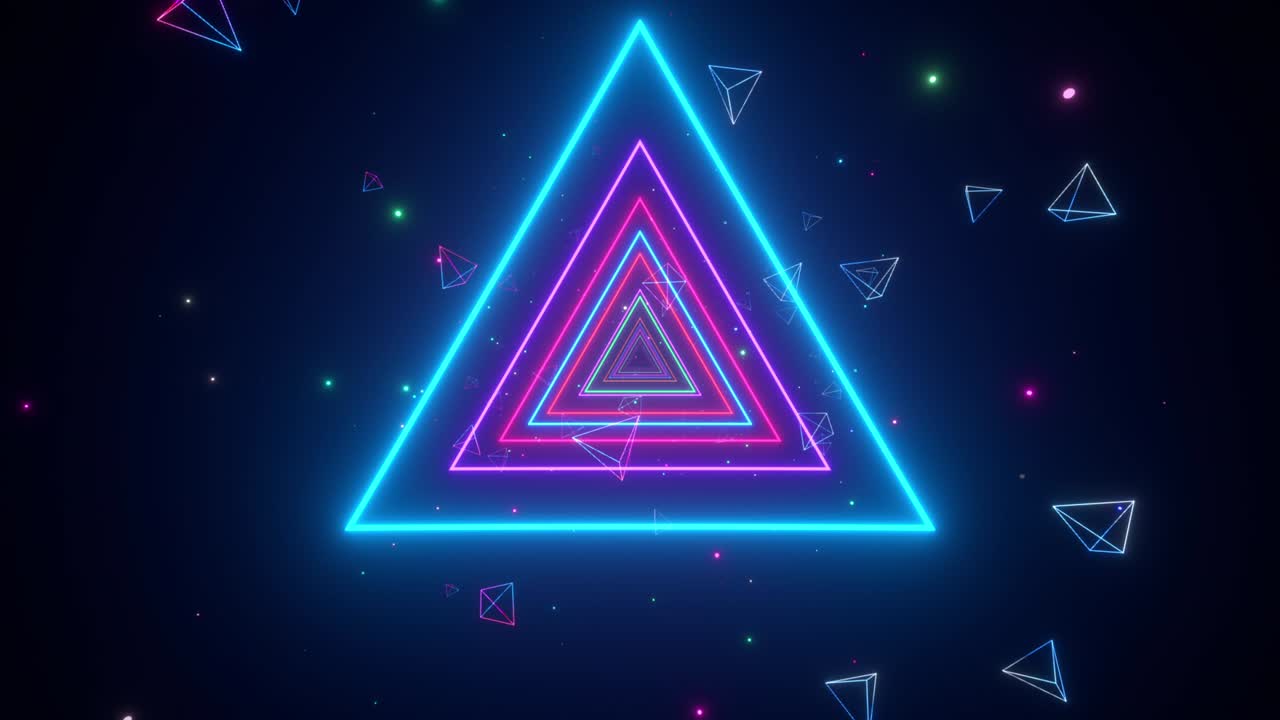 un túnel interminable de triángulos de neón multicolores luminosos para videos musicales, clubes nocturnos, pantallas led, espectáculos de proyección, mapeo de video, actuaciones audiovisuales, eventos de moda.