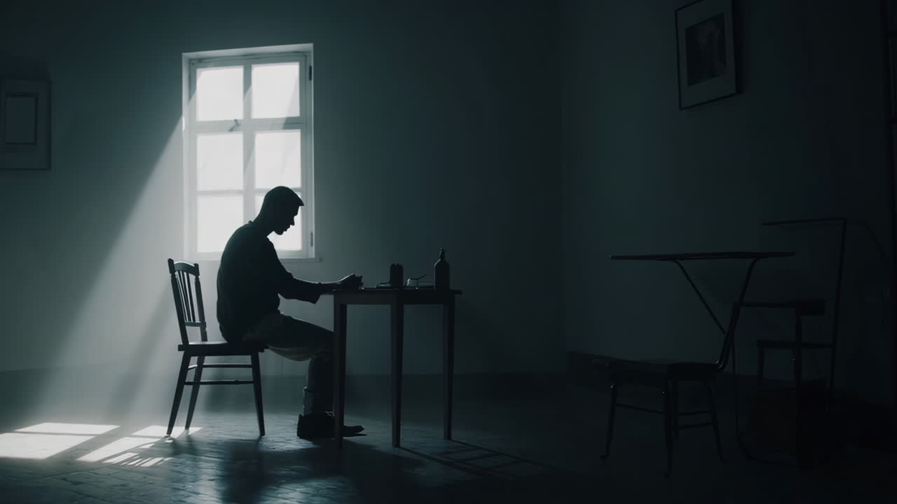 Silhouette of a Man Working in a Dim Room