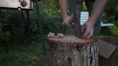 Herbalist splitting dried mushroom chunks with axe to prepare for dual extracted tincture