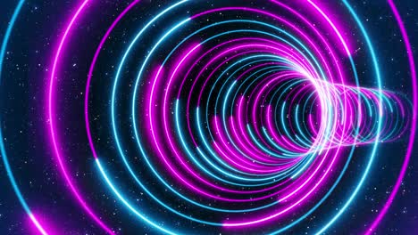 abstract futuristic blue purple circle lines neon light curved tunnel with glitter dust particles background seamless loop