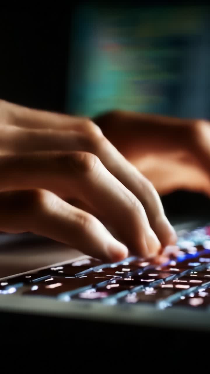 An engaged individual types rapidly on a laptop keyboard, showcasing focused hand movements and a vibrant display that illuminates the dark workspace environment