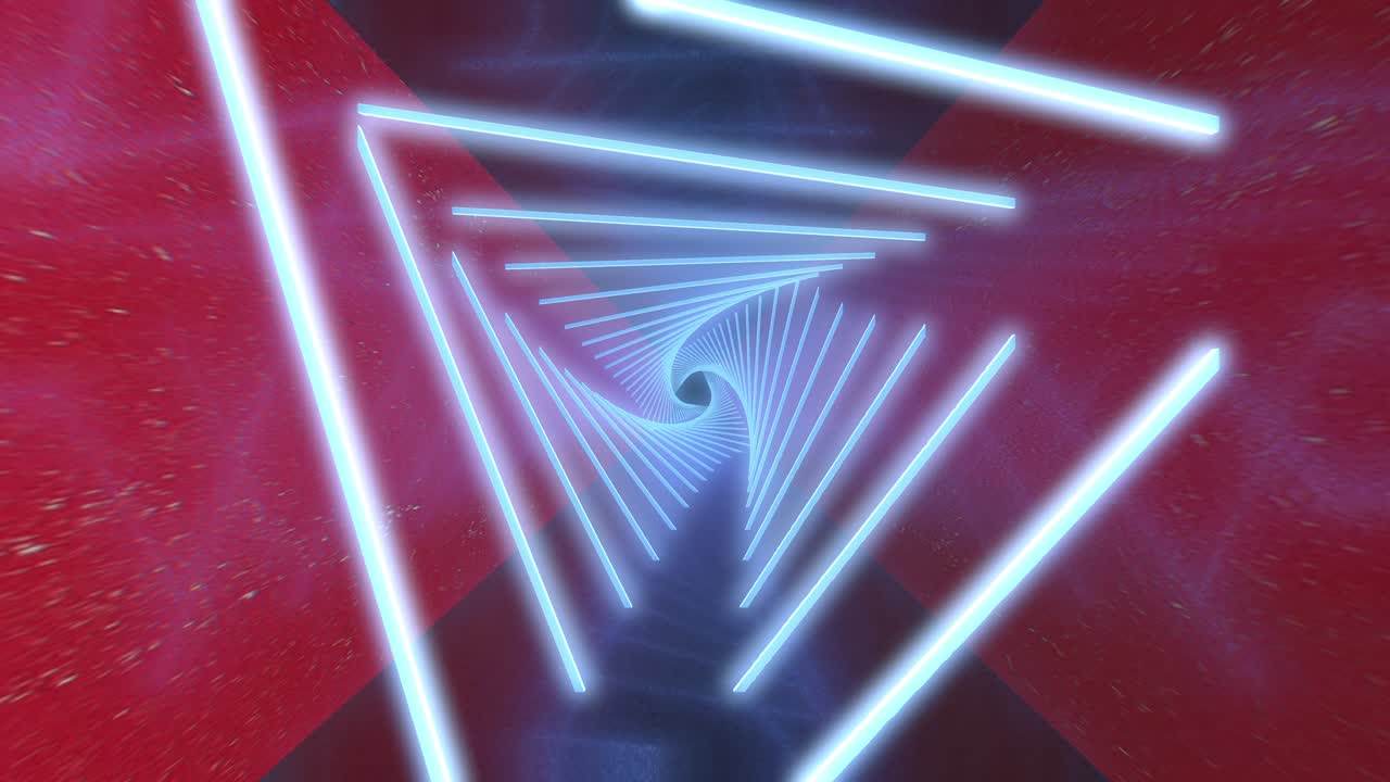 volo astratto in un corridoio futuristico con triangoli, loop senza cuciture di sfondo 4k, luce uv fluorescente, linee colorate di neon laser, tunnel geometrico infinito, spettro bianco-rosso, rendering 3d.