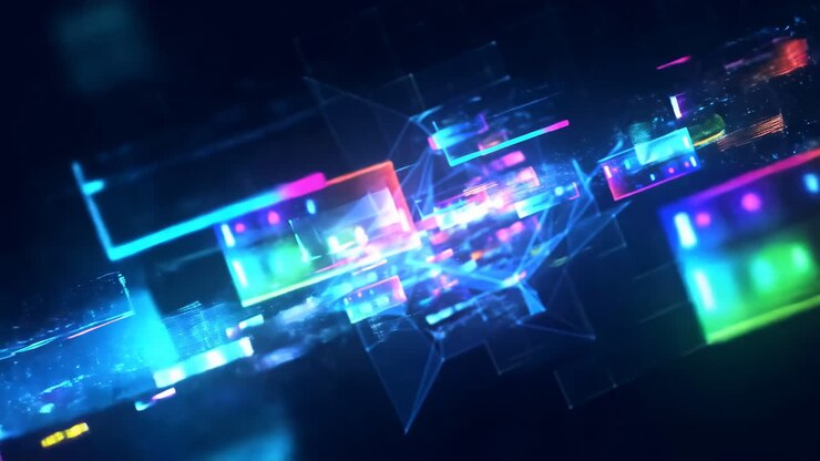 Blocchi di dati al neon che sfrecciano su un'interfaccia scura, prismi multicolori e cubi di vetro, griglia olografica e pulsante.
