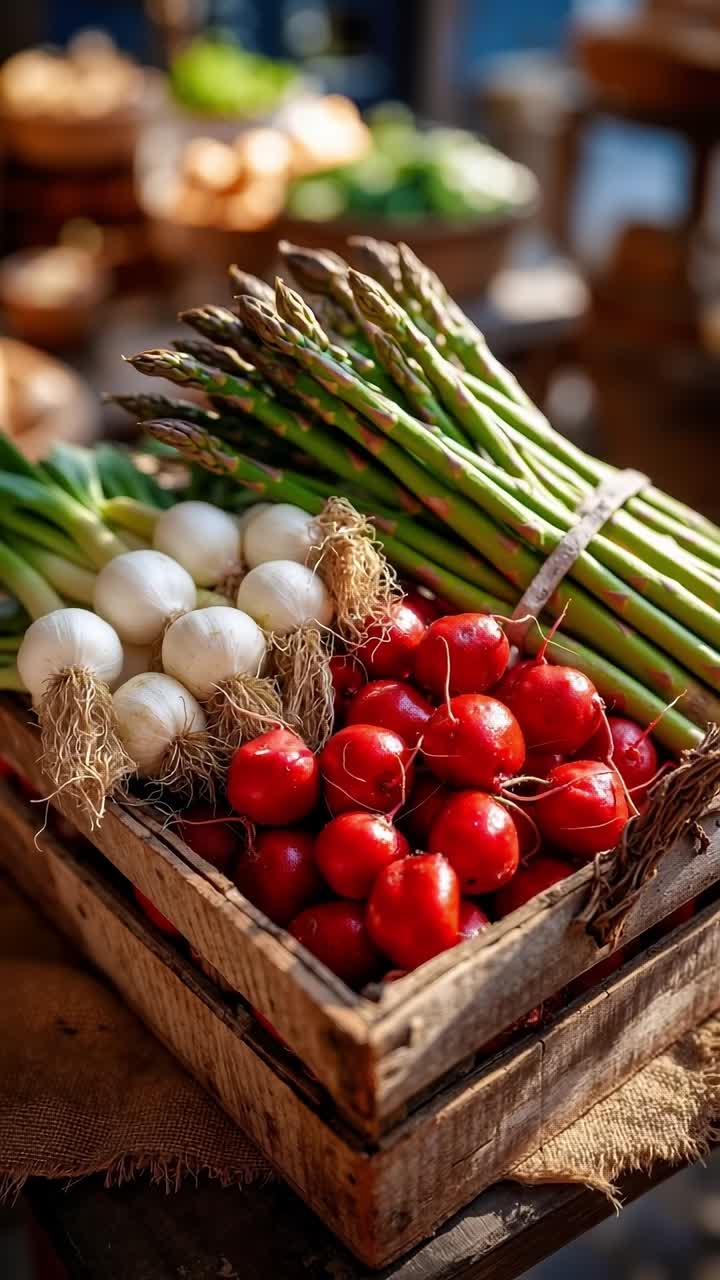 A wooden crate filled with radishes and asparagus on top of a table