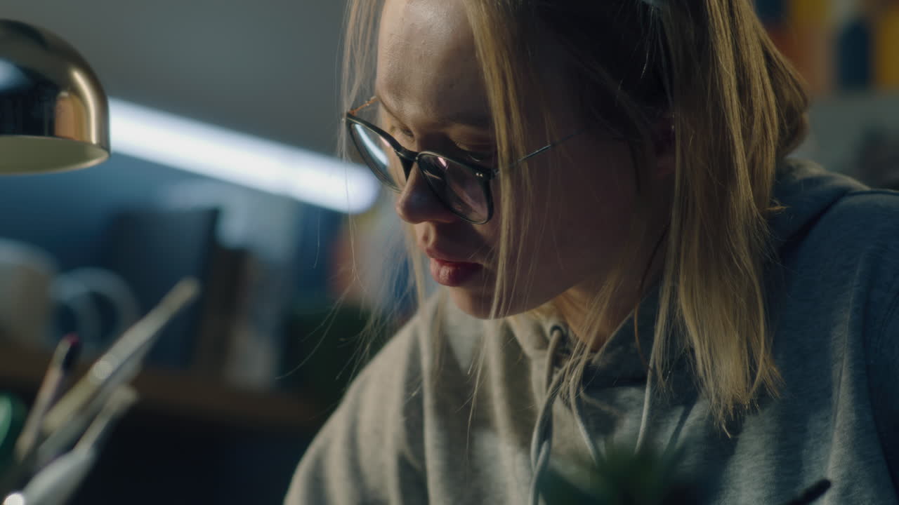 Woman Studying at Night