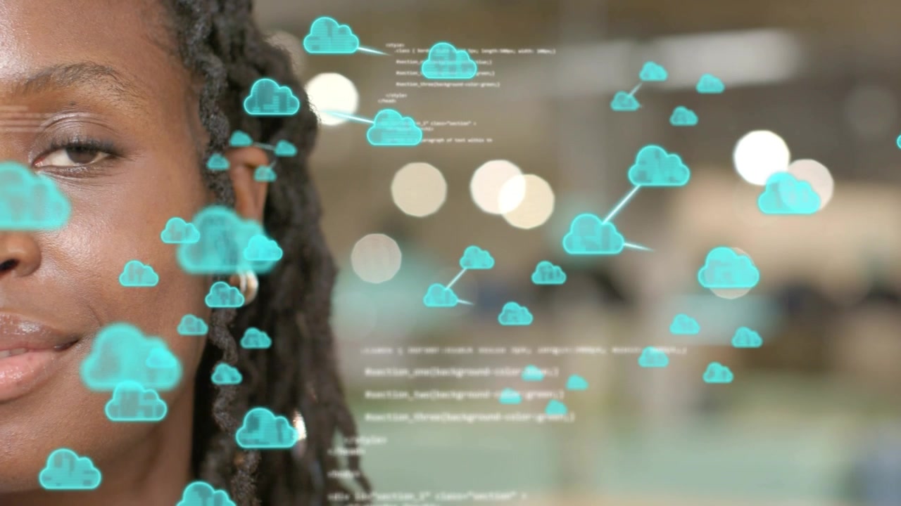 Woman's blink sparking teal cloud icons multiplying, linking, passing face, showing tech network