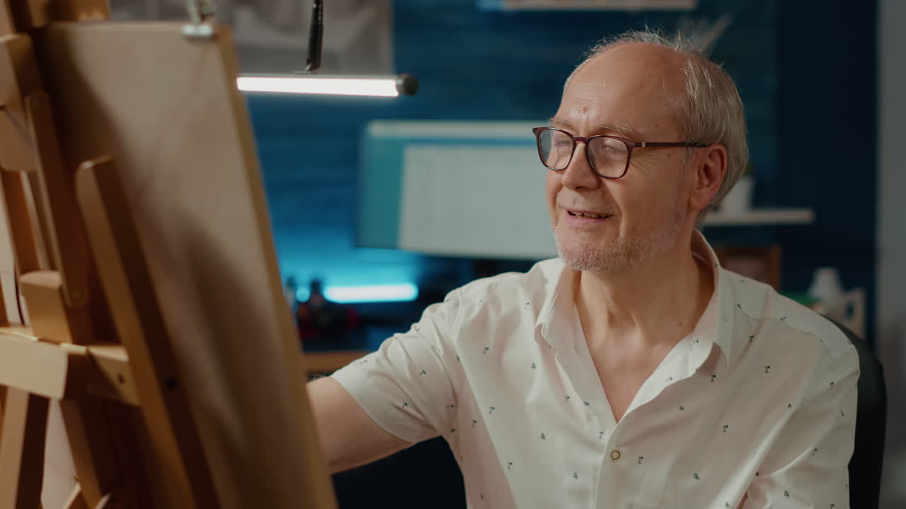 Retired man using artistic technique and pencils to draw masterpiece