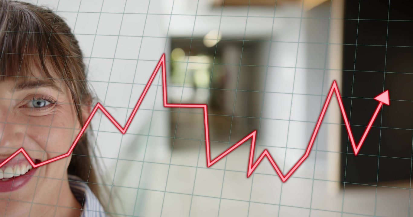 Imprenditrice a bocca aperta vicino a un corridoio sfocato, con sovrapposizione di griglia a linea rossa emergente e statistiche di monitoraggio.