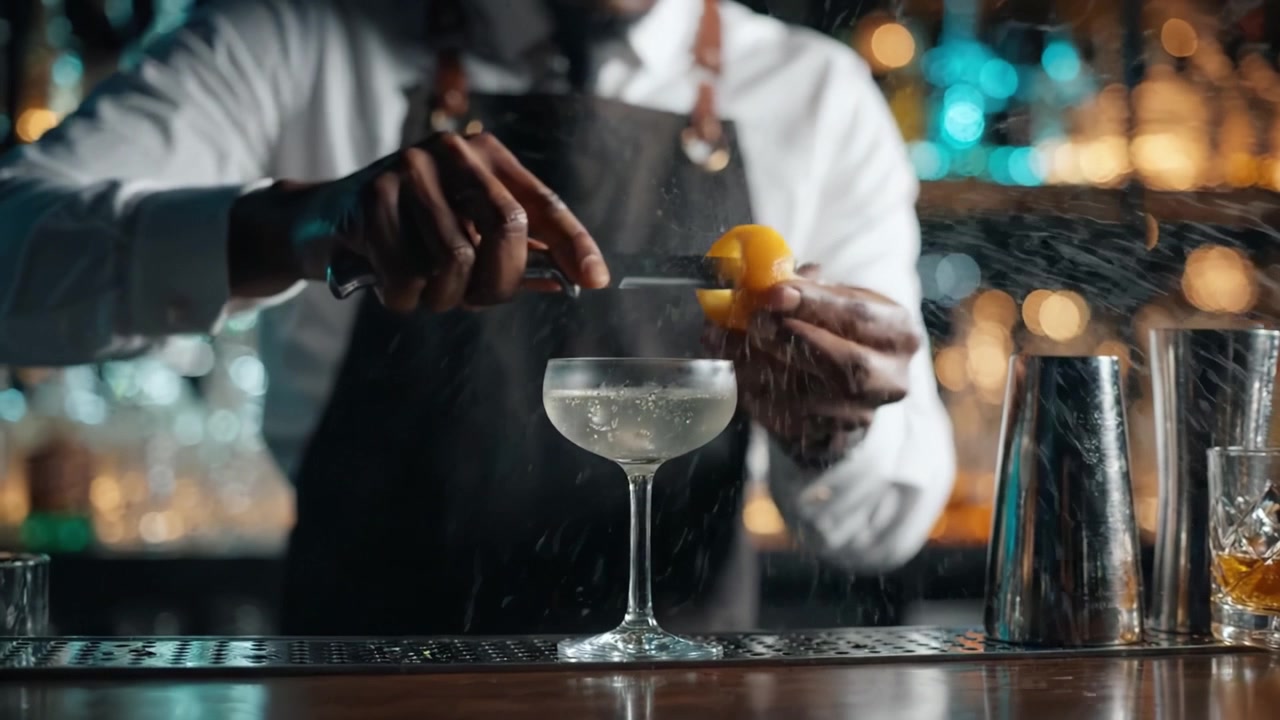 Barman esperto che prepara un cocktail classico con un tocco di agrumi freschi in un ambiente da bar moderno, mettendo in mostra abilità e maestria nella mixology