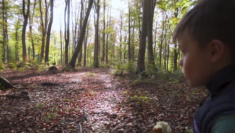 Young-boy-sitting-on-log-in-forest-clearing,-eating-a-sandwich