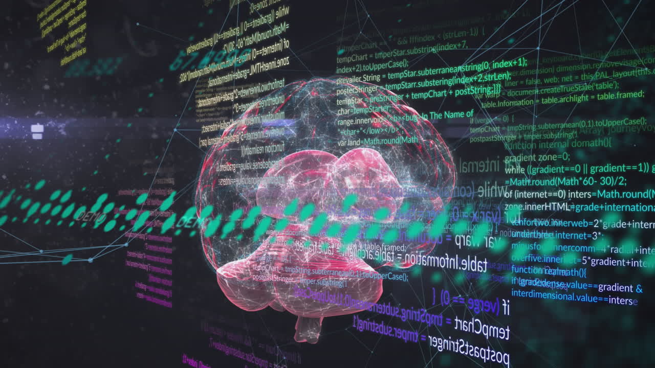 인간의 뇌, 컴퓨터 언어 및 검은 바탕에 연결된 점의 애니메이션