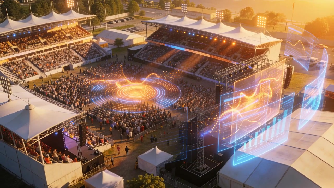 Displaying outdoor performance arena forming orange holographic rings at sunset, with blue panels