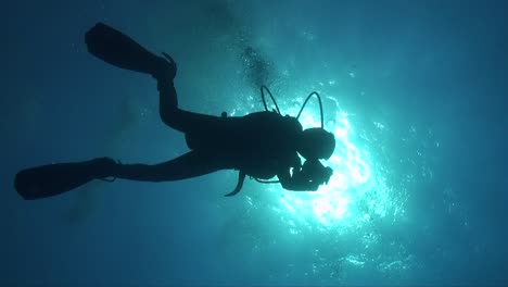 silhouette of scuba diver against the sun below water surface