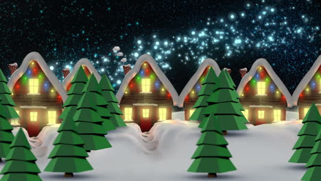 Animation-of-stars-falling-colorful-lights-over-houses-with-fairy-lights