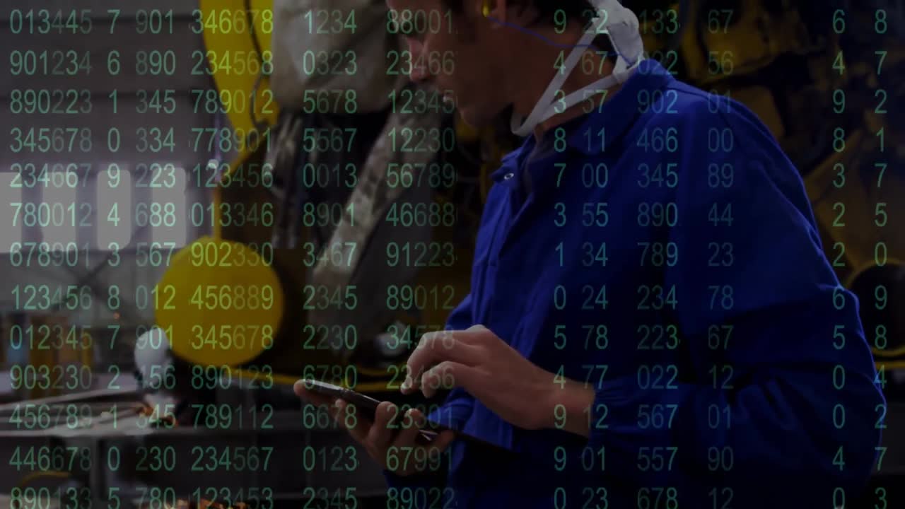 animación del procesamiento de datos sobre un hombre de negocios biracial que usa una tableta