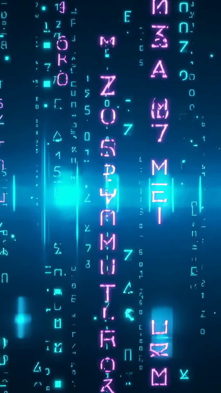 Vertical video: Sending cyan flare lighting magenta glyph column streams scrolling in dark gradient