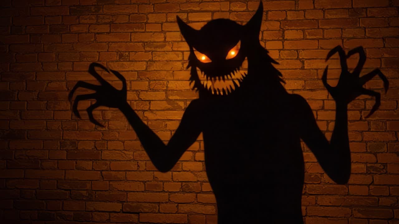 A chilling shadow figure with glowing eyes looms against a brick wall, evoking a sense of horror and fear as it reaches out with long, claw-like fingers