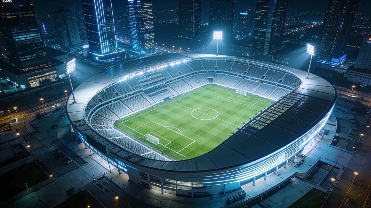 Et startende dronekamera avslører et opplyst stadion om natten, og senker seg for å vise flomlysene og byens silhuett.