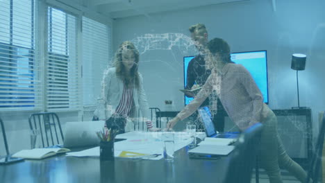 in conference room, team collaborating using animation on digital network hologram