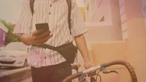 animation of biracial man walking with bicycle