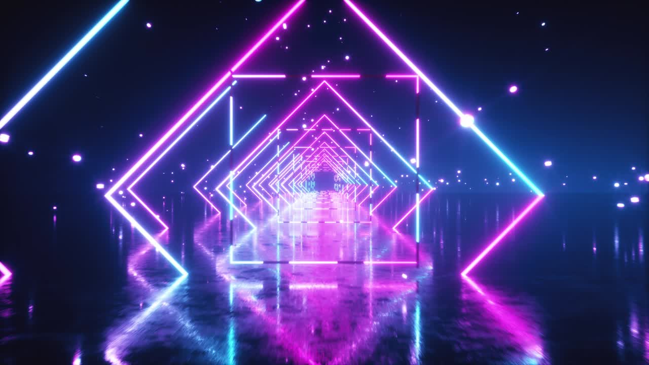 vuelo abstracto en el espacio a través de cuadrados de neón brillantes. espectro rosa azul, luz ultravioleta fluorescente. animación 3d de bucle sin costuras