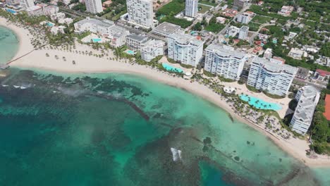 bird's eye view of beachfront resorts and turquoise waters at playa juan dolio, dominican republic. crystal clear waters and white sand beach
