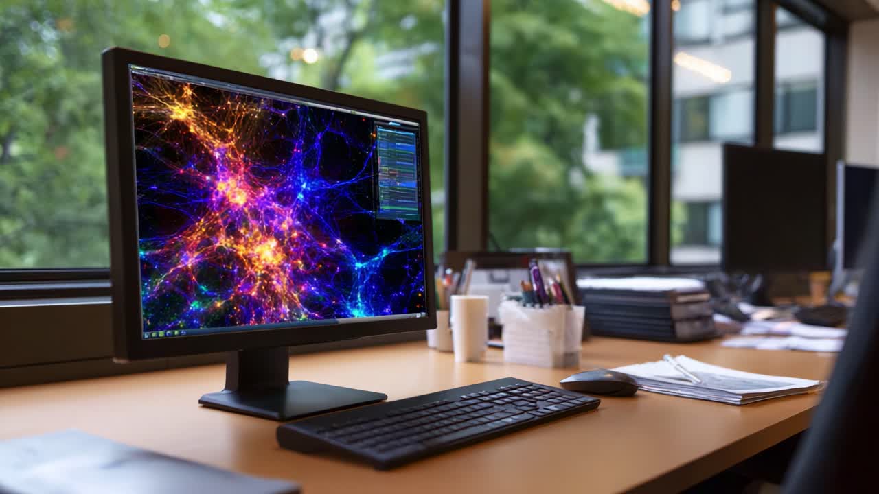 Flot skrivebordsdisplay med levende visualisering af neurale netværk i et moderne kontormiljø med tastatur og papirer på skrivebordet