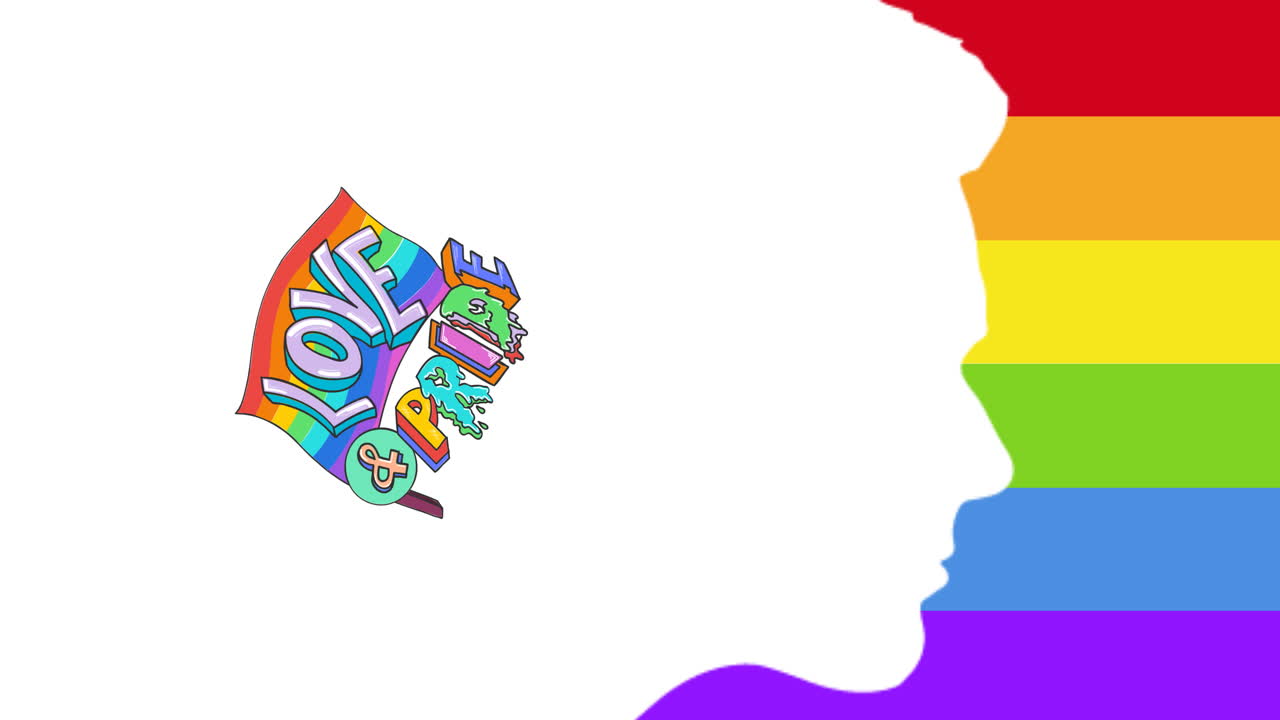 무지개 줄무 ⁇  위에 있는  ⁇ 발에 있는 인간 머리의 프로필과 사랑과 자부심의 텍스트의 애니메이션