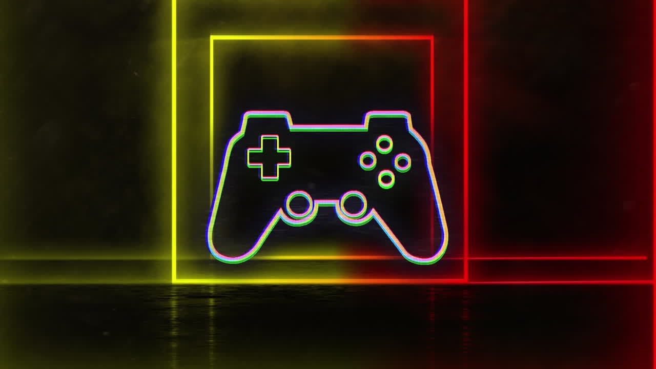 animazione di un pad per videogiochi al neon su un tunnel al neon quadrato luminoso