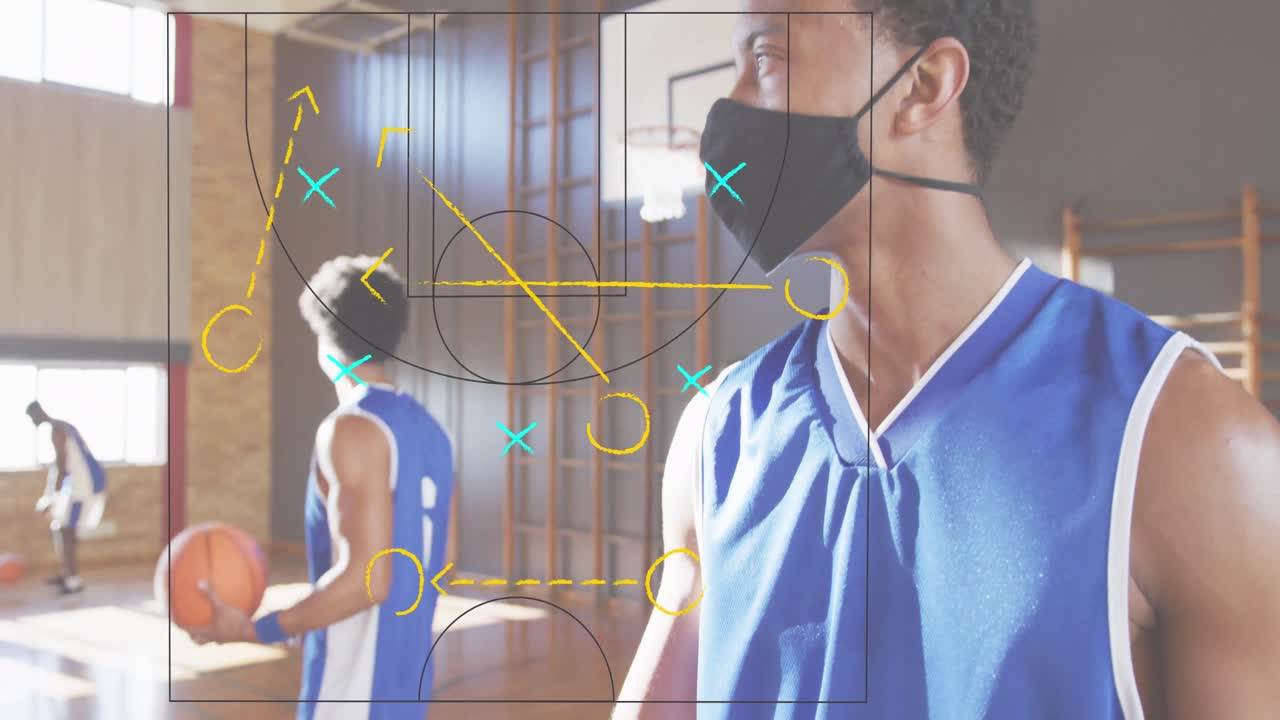 아프리카계 미국인 남자 농구 선수가 실내 코트에서 얼굴 마스크를 쓰고 있는 게임 전술의 애니메이션.