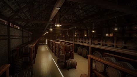 almacenamiento de barriles de vino en la bóveda de vinos. barriles de coñac, vino o whisky. barrilles de vino de roble de madera. almacén de alcohol