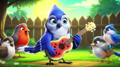 a colorful bluebird entertains its feathered friends with a watermelon-patterned guitar in a lush garden under the bright sunlight