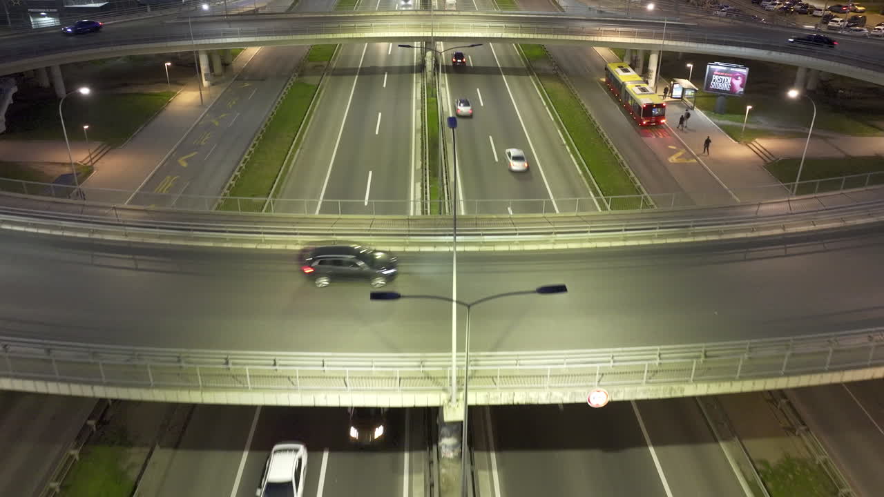Aerial View of Busy Highway Traffic at Night