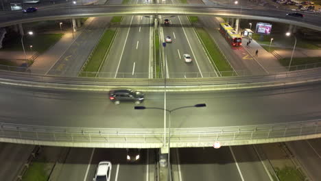 aerial view of busy highway traffic at night