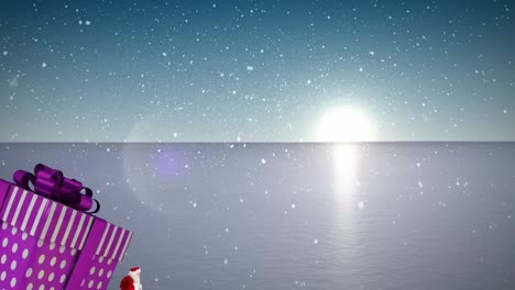 animation of santa claus carrying huge christmas gift and snow falling in winter landscape