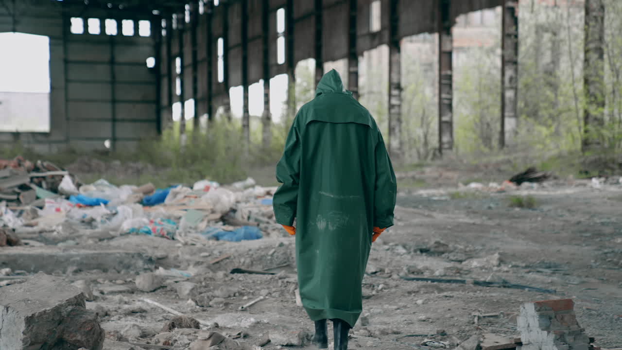 Person in abandoned place with garbage. Ecologist in protective suit walking inside the ruined building. Back view. Destructed place.