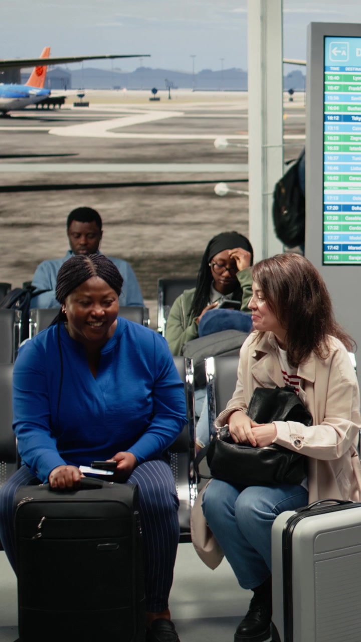 Vertical video Travelling together, chatting and women inside busy airport lounge