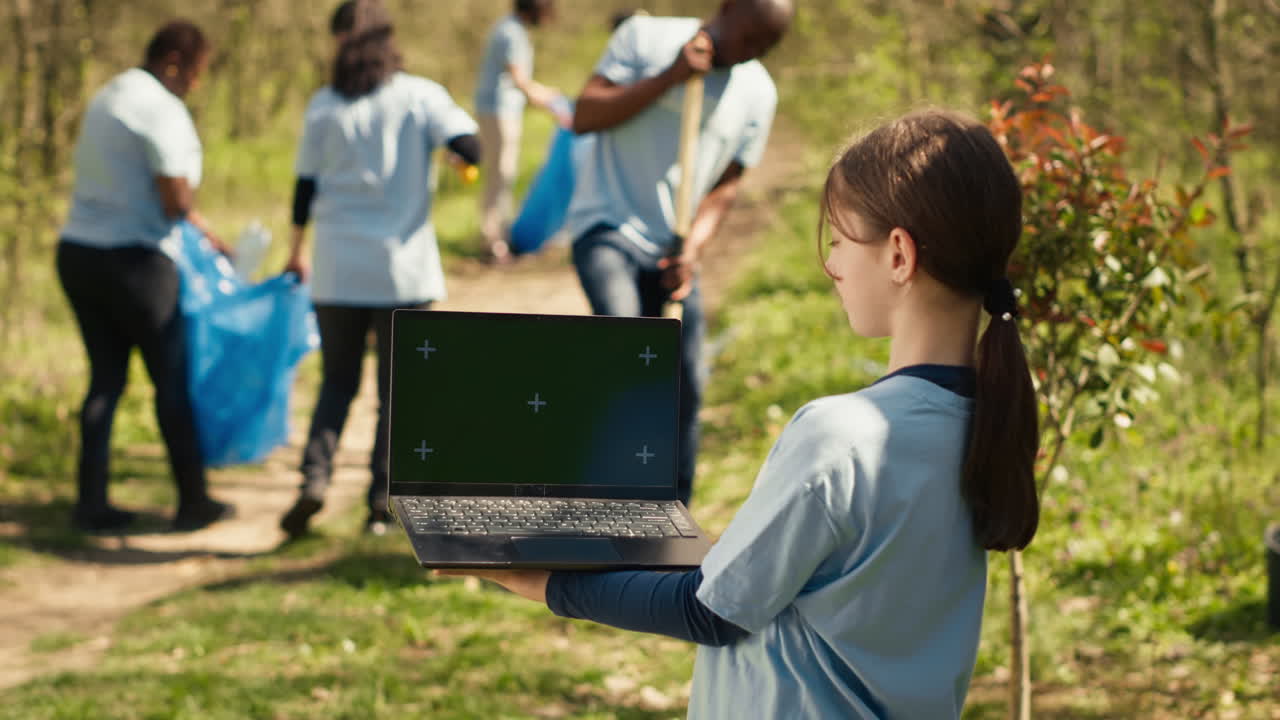 Little child holding a laptop with isolated greenscreen in the woods