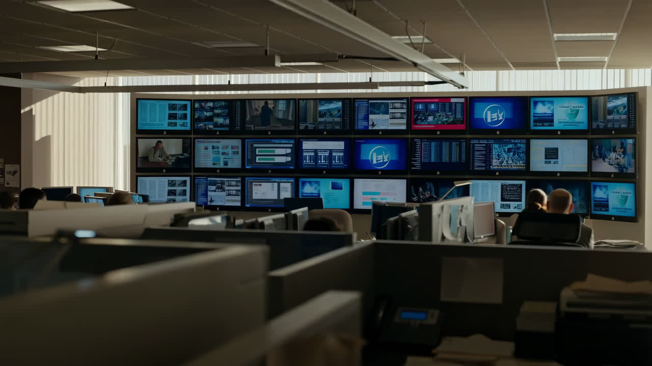 An office control room with multiple surveillance monitors and people working at desks