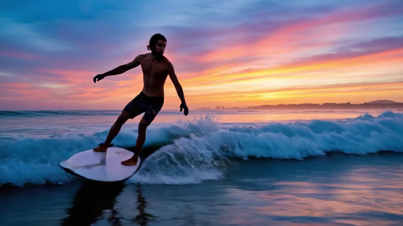 A Surfer Riding the Waves at Dusk with Vivid Sunset Colors Reflected on the Water, Capturing the Essence of Adventure and Freedom in Coastal Waters