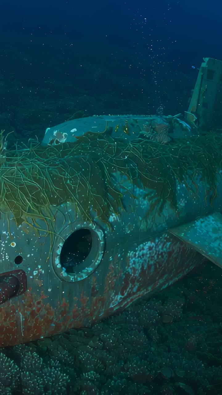 Vertical video: Panning ROV camera surveying corroded fuselage on seafloor, revealing bubble plume