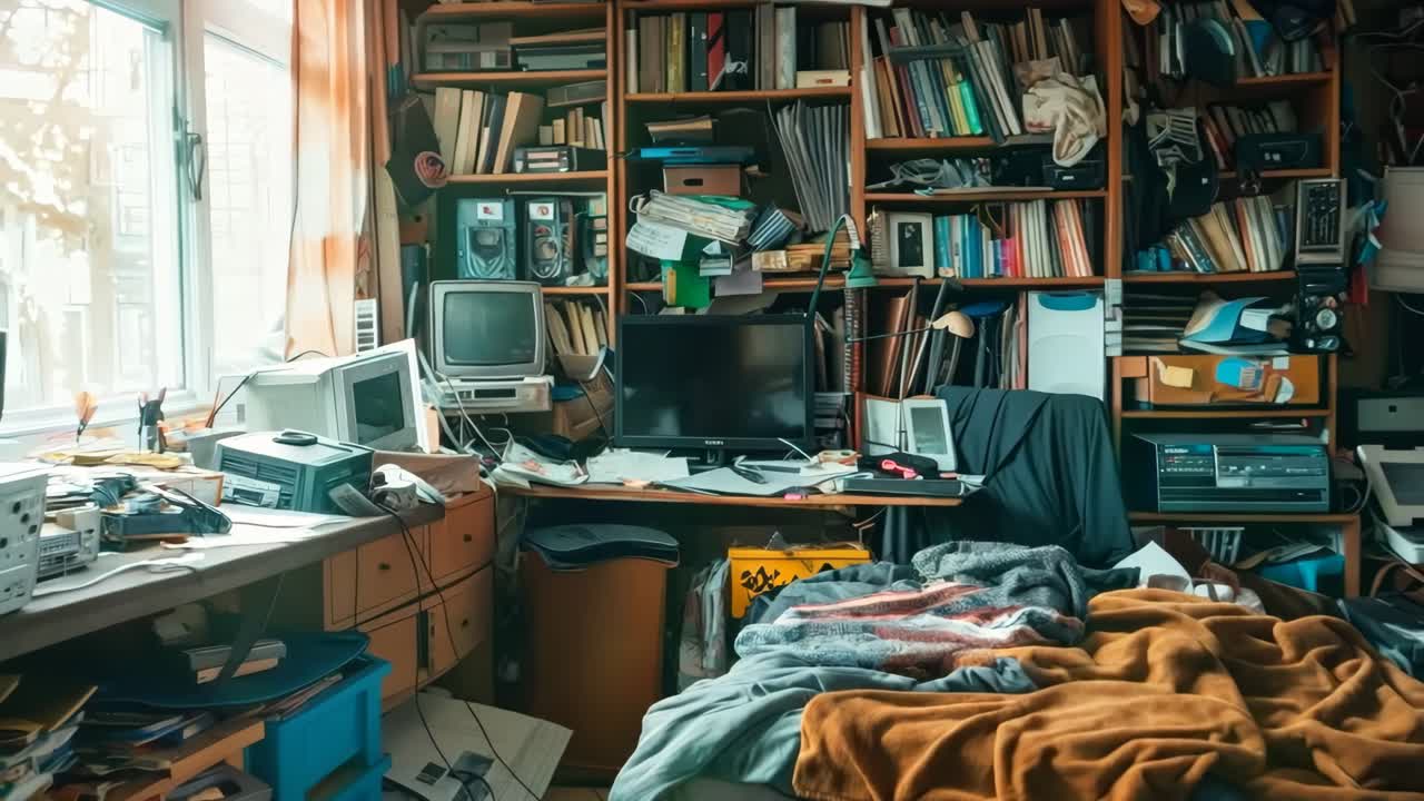 una habitación desordenada con una cama, escritorio, estantería, computadora y otro desorden