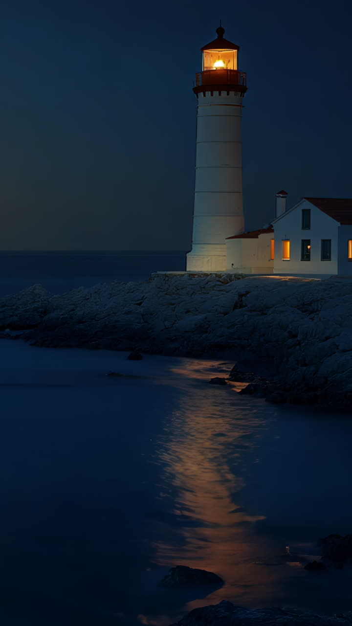 A lighthouse is on a rocky shoreline with a calm ocean. The moon is shining on the water, creating a serene and peaceful atmosphere